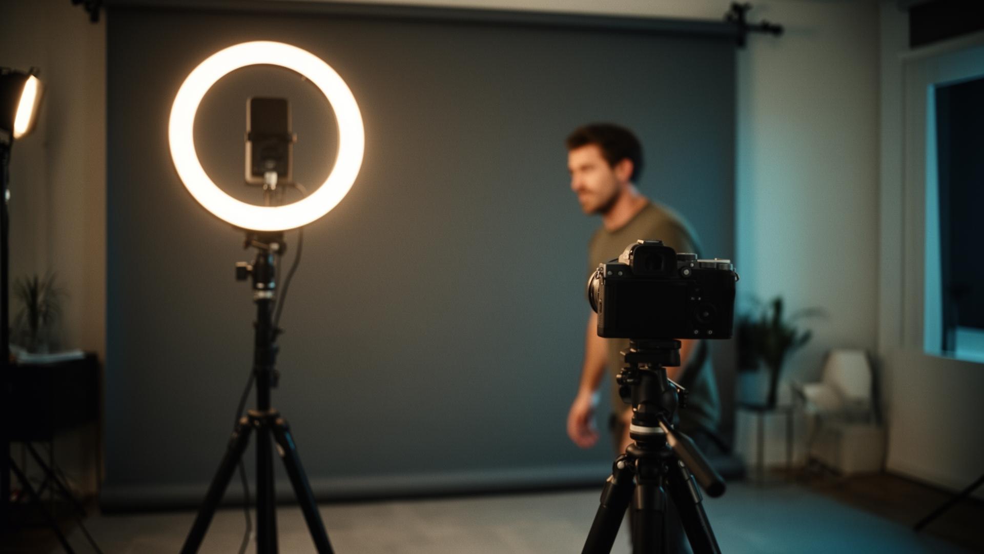 Actor recording a self-tape audition with a ring light, microphone, and mirrorless camera in a modern home studio